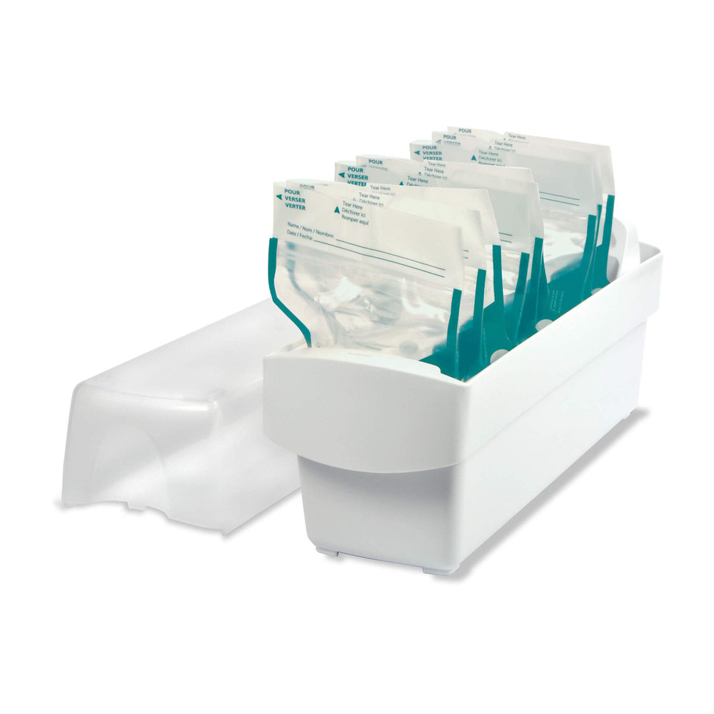 The First Years Breastflow Freezer Organizer back view showing organized milk bags for quick access.