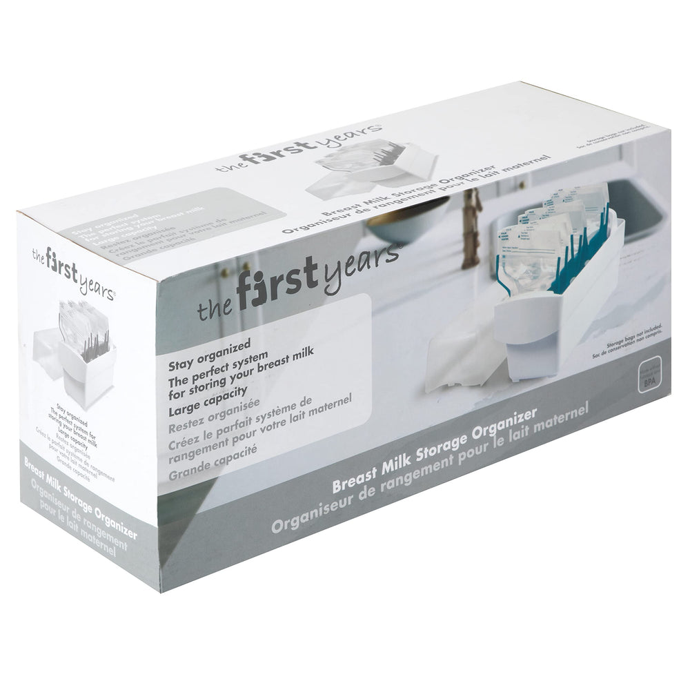 The First Years Breastflow Freezer Organizer holding ten bags for compact storage.