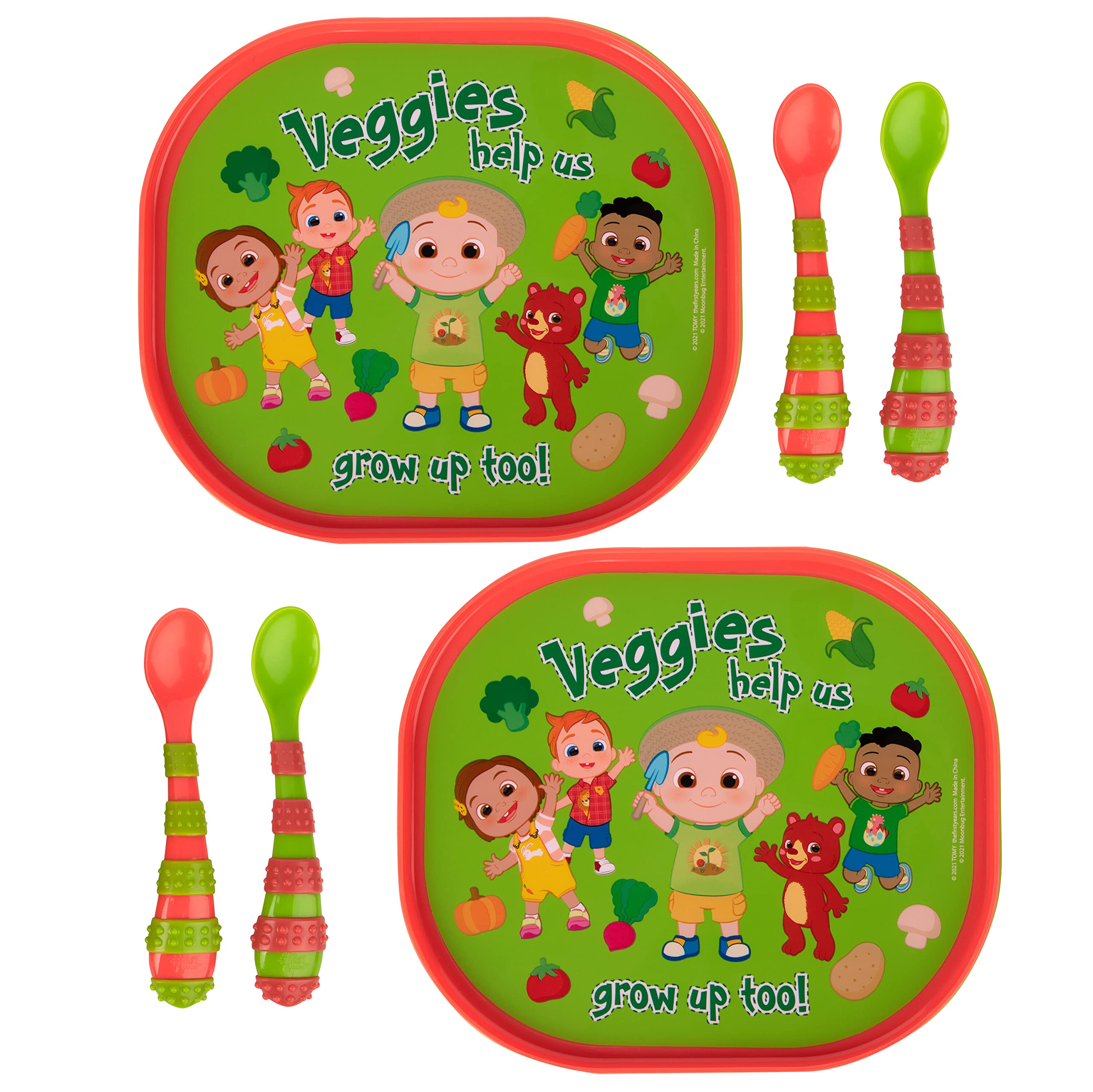 The First Years cocomelon stackable plates save kitchen storage space.