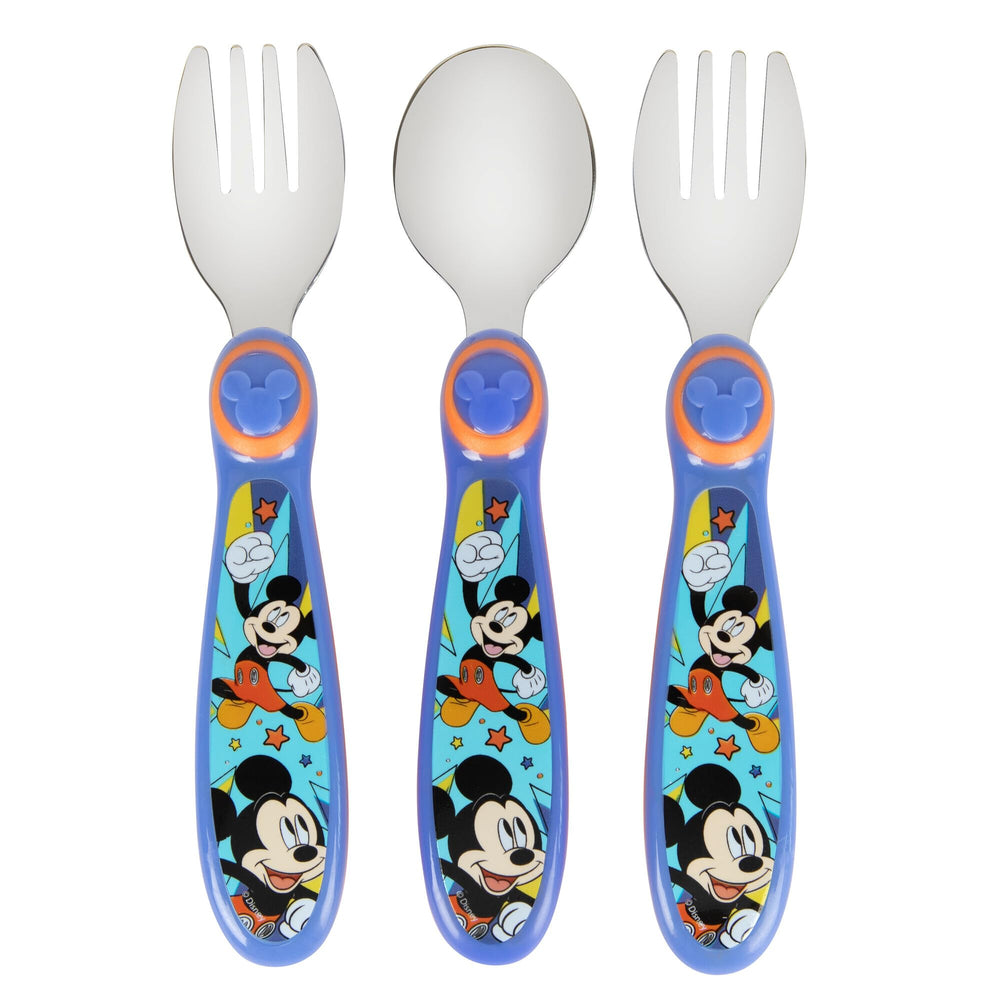 The First Years Mickey Mouse flatware 3-pack designed for easy kids' meals.