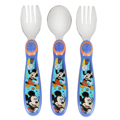 The First Years Mickey Mouse flatware 3-pack designed for easy kids' meals.