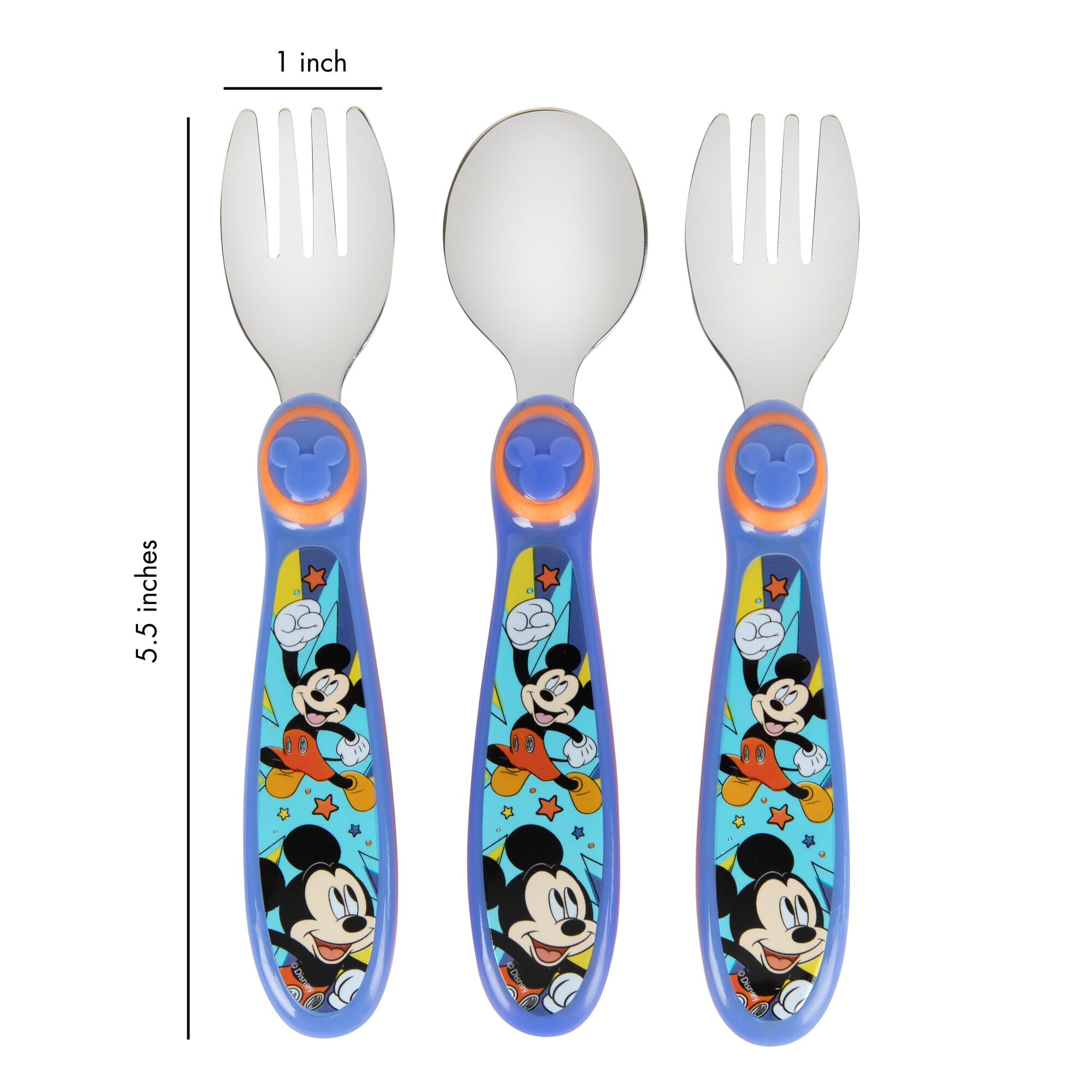 The First Years Mickey Mouse flatware with ergonomic handles for small hands.