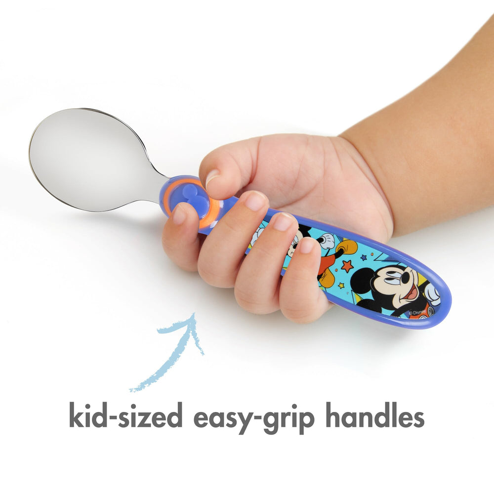 The First Years Mickey Mouse flatware multicolor design appealing to kids.