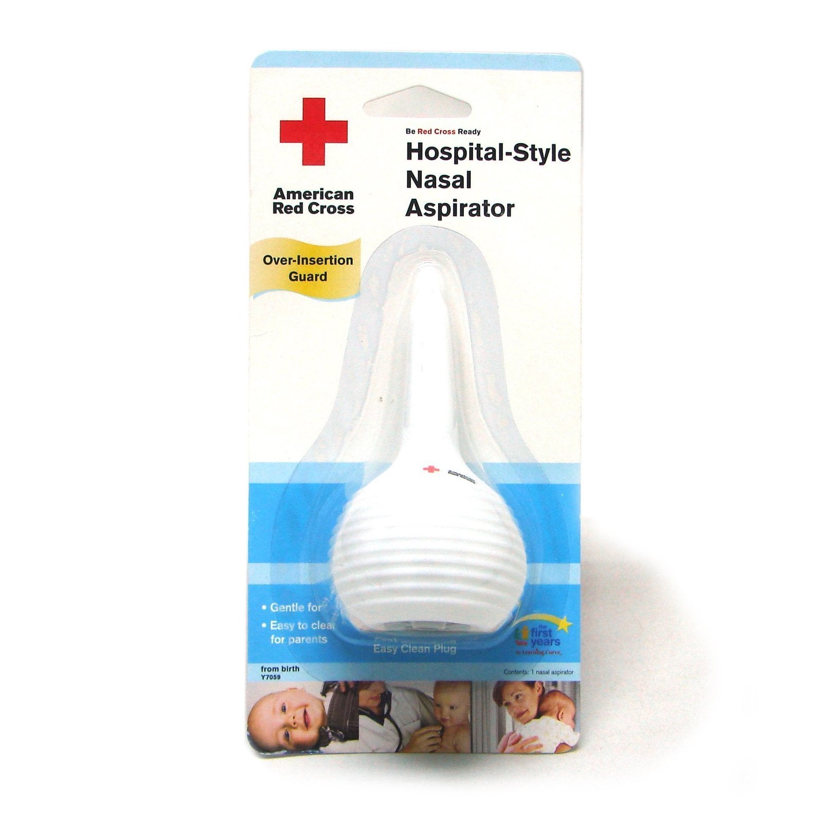 Close-up of The First Years nasal aspirator hospital style highlighting its simple, ergonomic design.