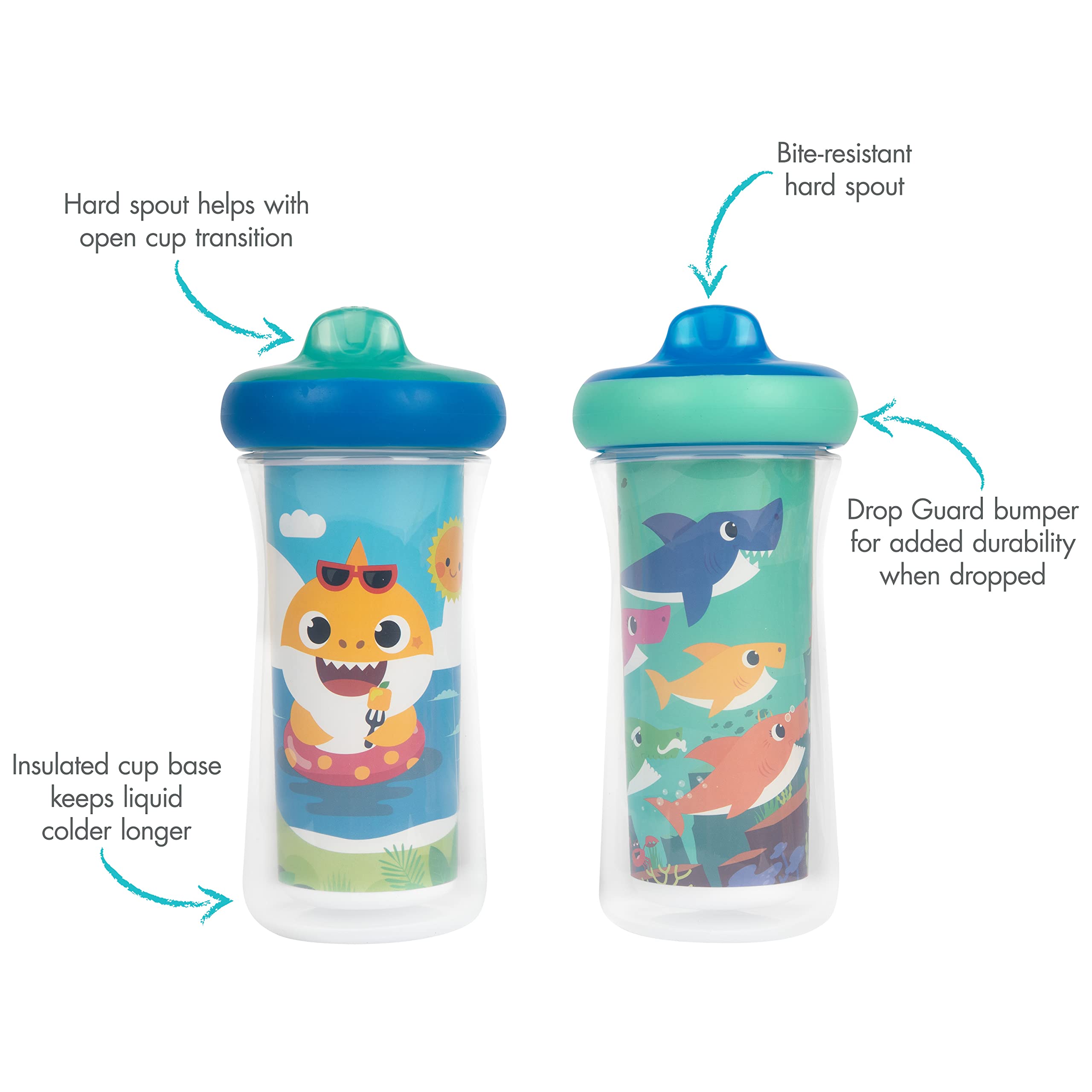 The First Years Pinkfong sippy cup spout close-up shows bite-resistant spout for teeth.