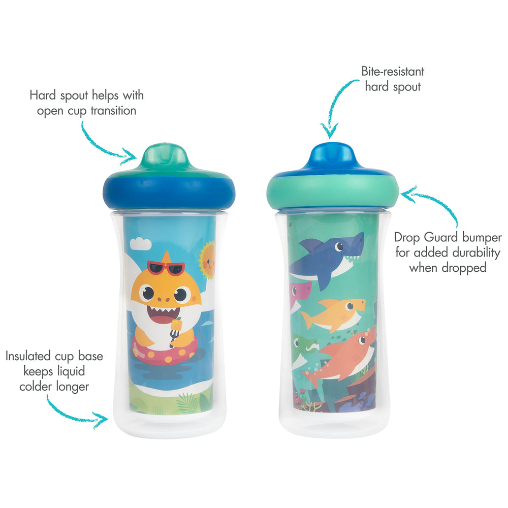 The First Years Pinkfong sippy cup spout close-up shows bite-resistant spout for teeth.