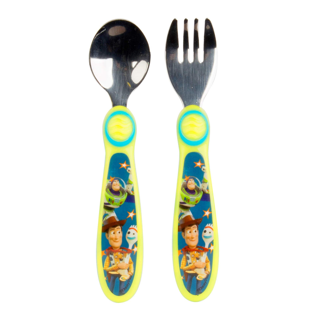 The First Years Toy Story fork-spoon green closeup highlights durable stainless steel heads for lasting meals