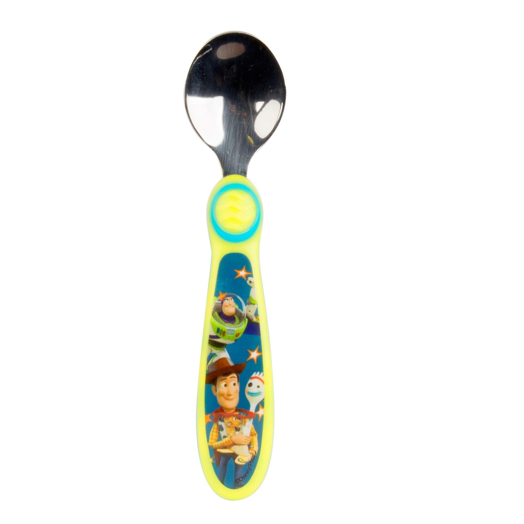 The First Years Toy Story fork-spoon green in hands demonstrates kid-sized easy-grip design