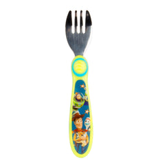 The First Years Toy Story fork-spoon green on table helps kids learn independent eating