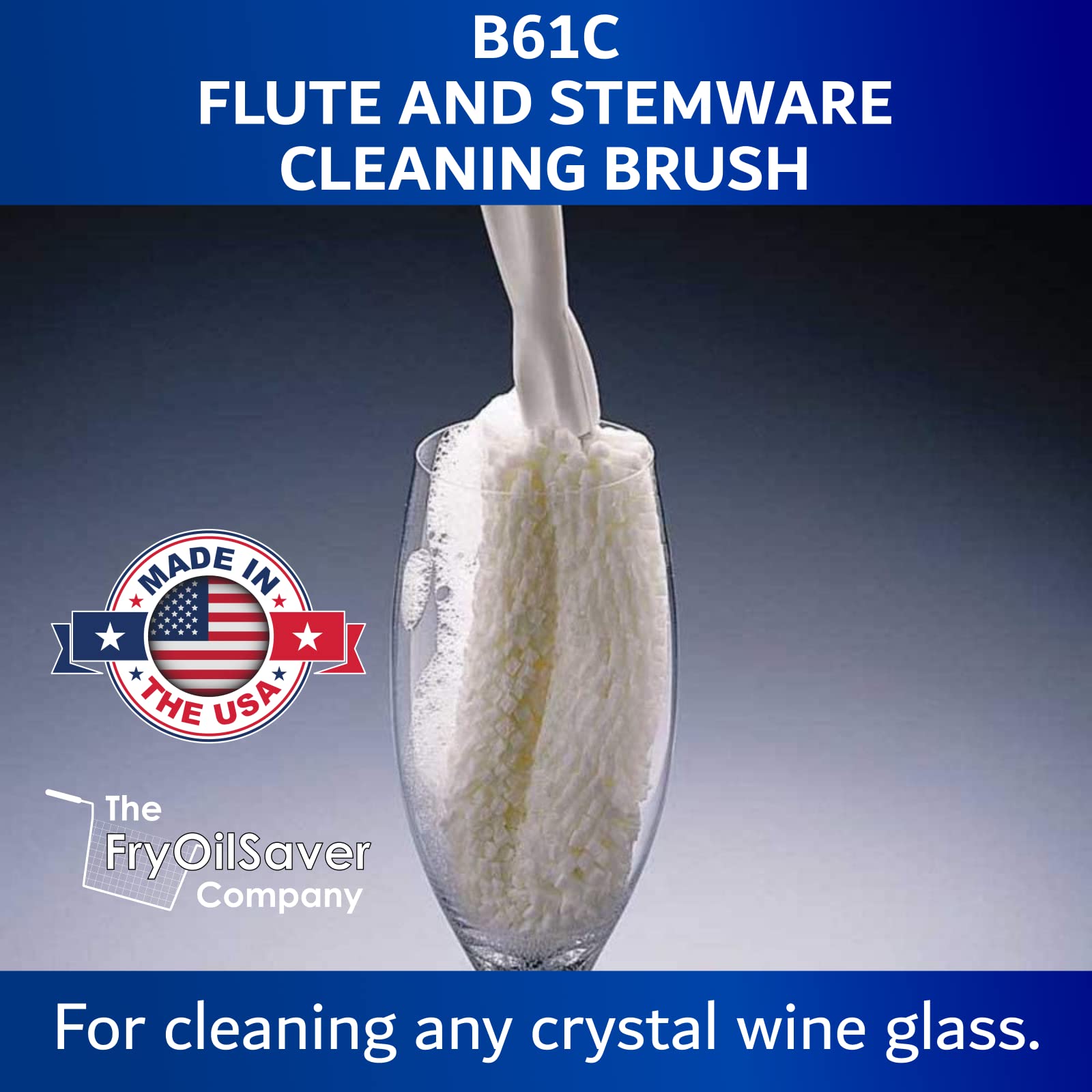 The FryOilSaver Co champagne flute brush cleans delicate stems without scratching.