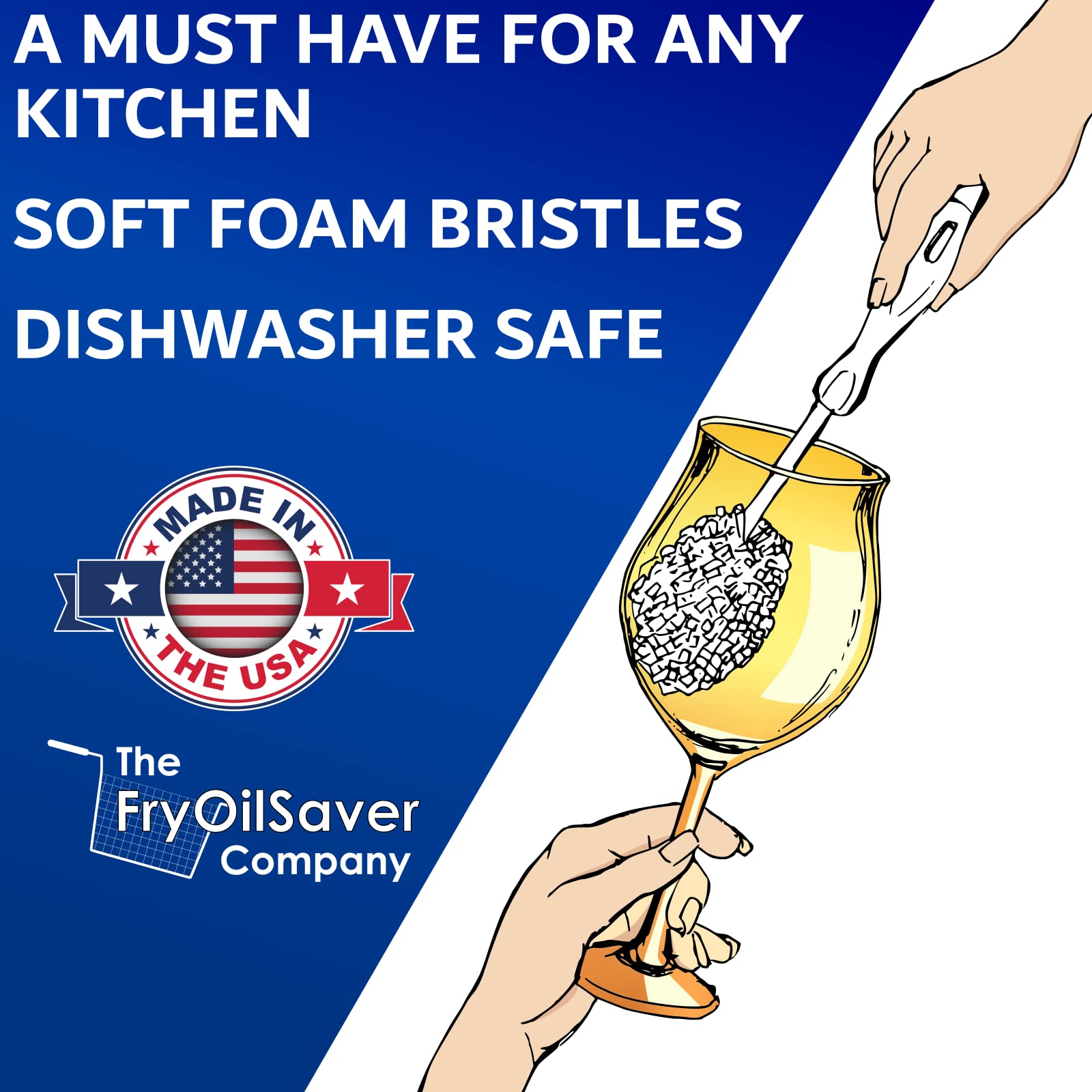 The FryOilSaver Co goblet brush reaches deep goblets for thorough, non-scratch cleaning.
