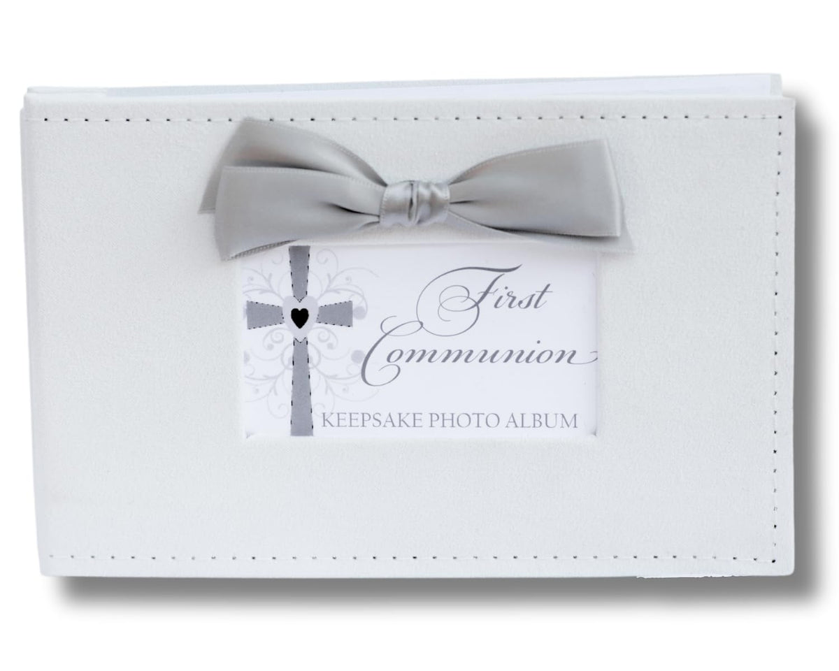 The Grandparent Gift Co Growing in Faith keepsake album cover in white faux suede for First Communion memories