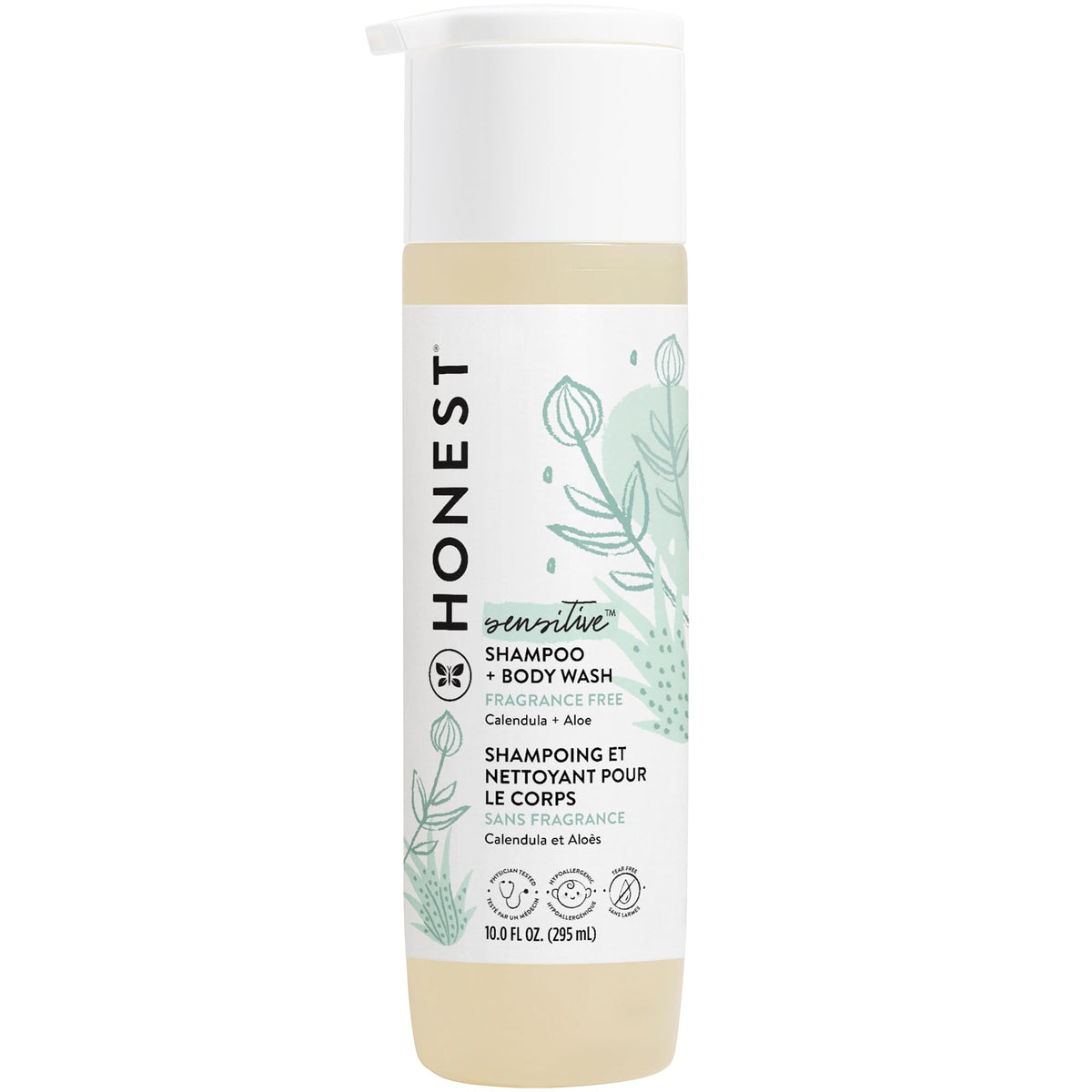 The Honest Company 2-in-1 bottle shown, tear-free formula ideal for sensitive skin.