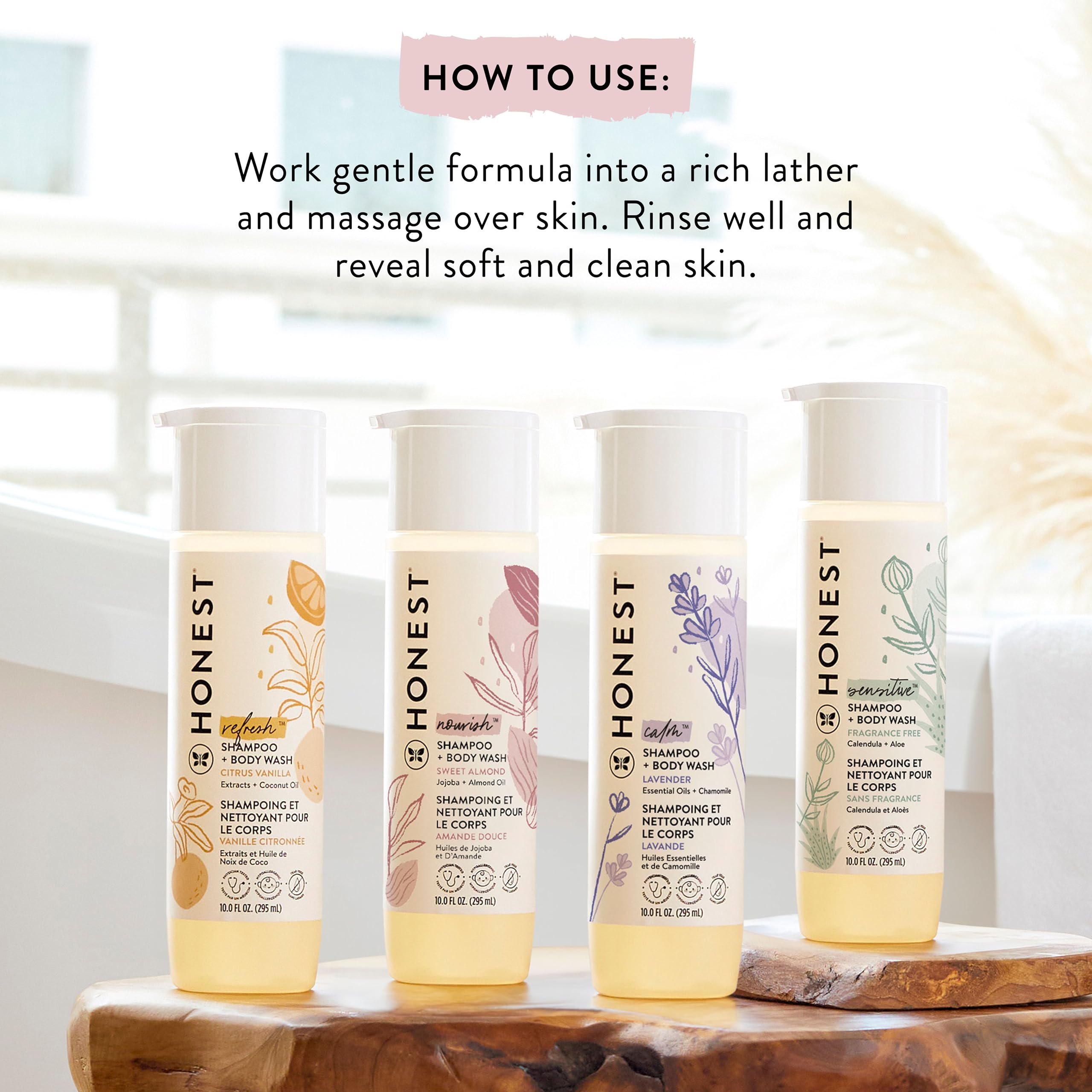 The Honest Company NOURISH sweet almond scent enhances gentle cleansing.