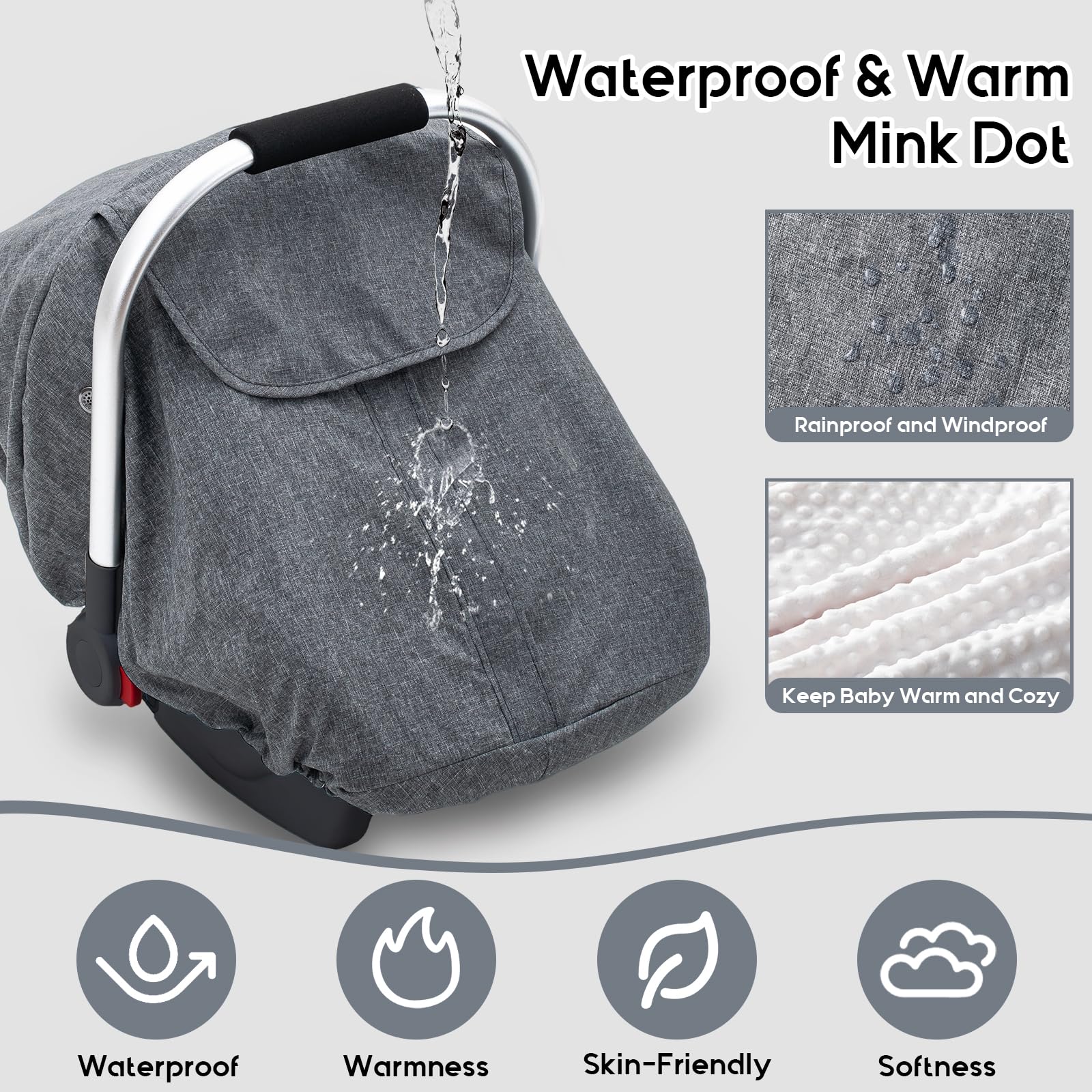 The KENKYO baby car seat cover plush dots close-up highlighting cozy warmth and moisture-wicking comfort.