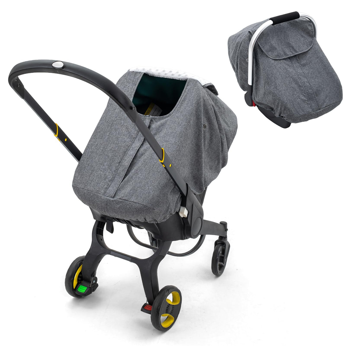 The KENKYO baby car seat cover waterproof exterior with plush dots lining shields against rain and wind.