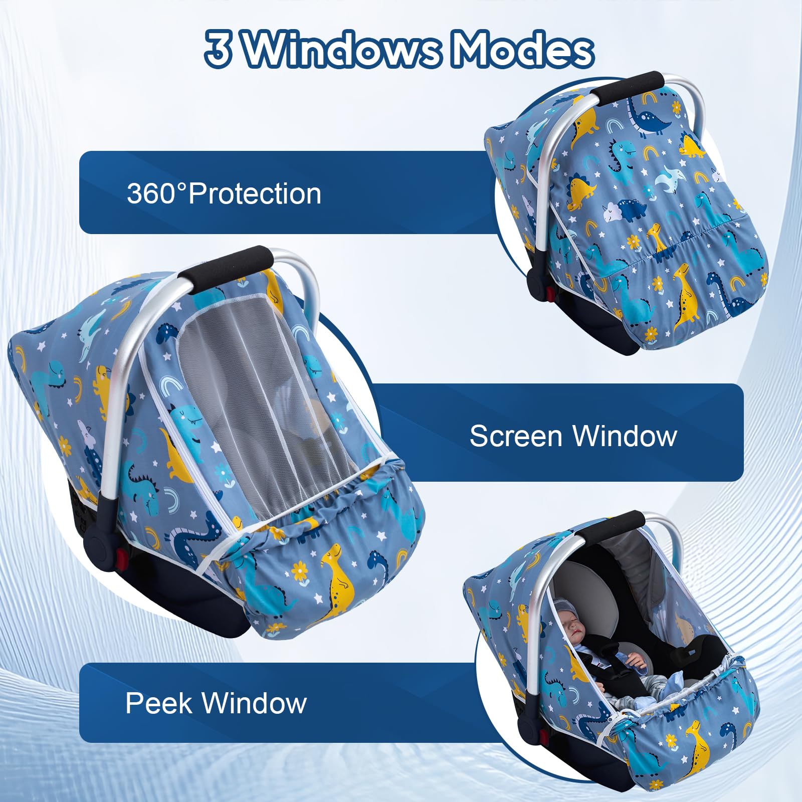 THE KENKYO car seat cover mesh window enables you to monitor baby while air circulates.