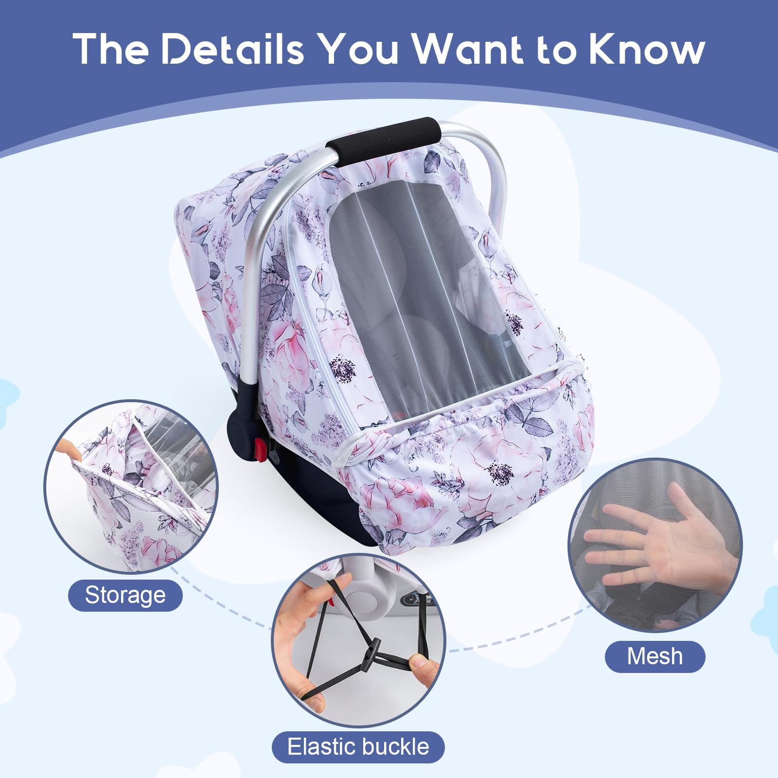 The KENKYO infant car seat cover with adjustable elastic sides for secure fit.