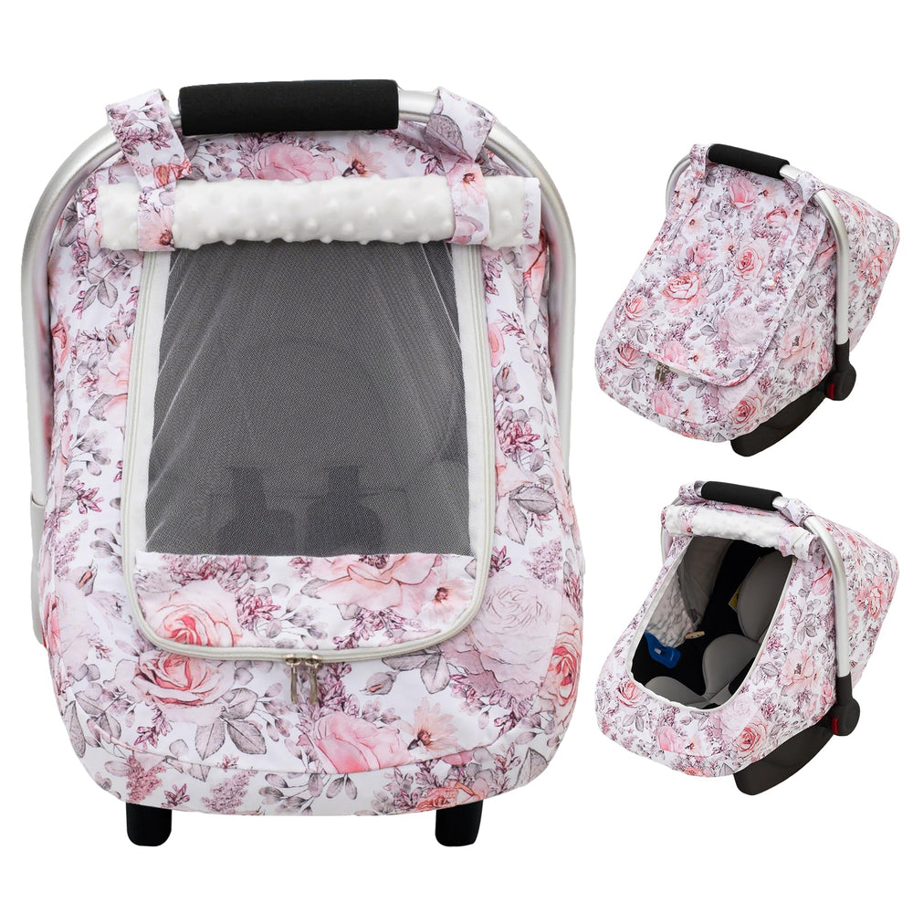 THE KENKYO Mink Dot car seat cover folded for compact storage and travel.