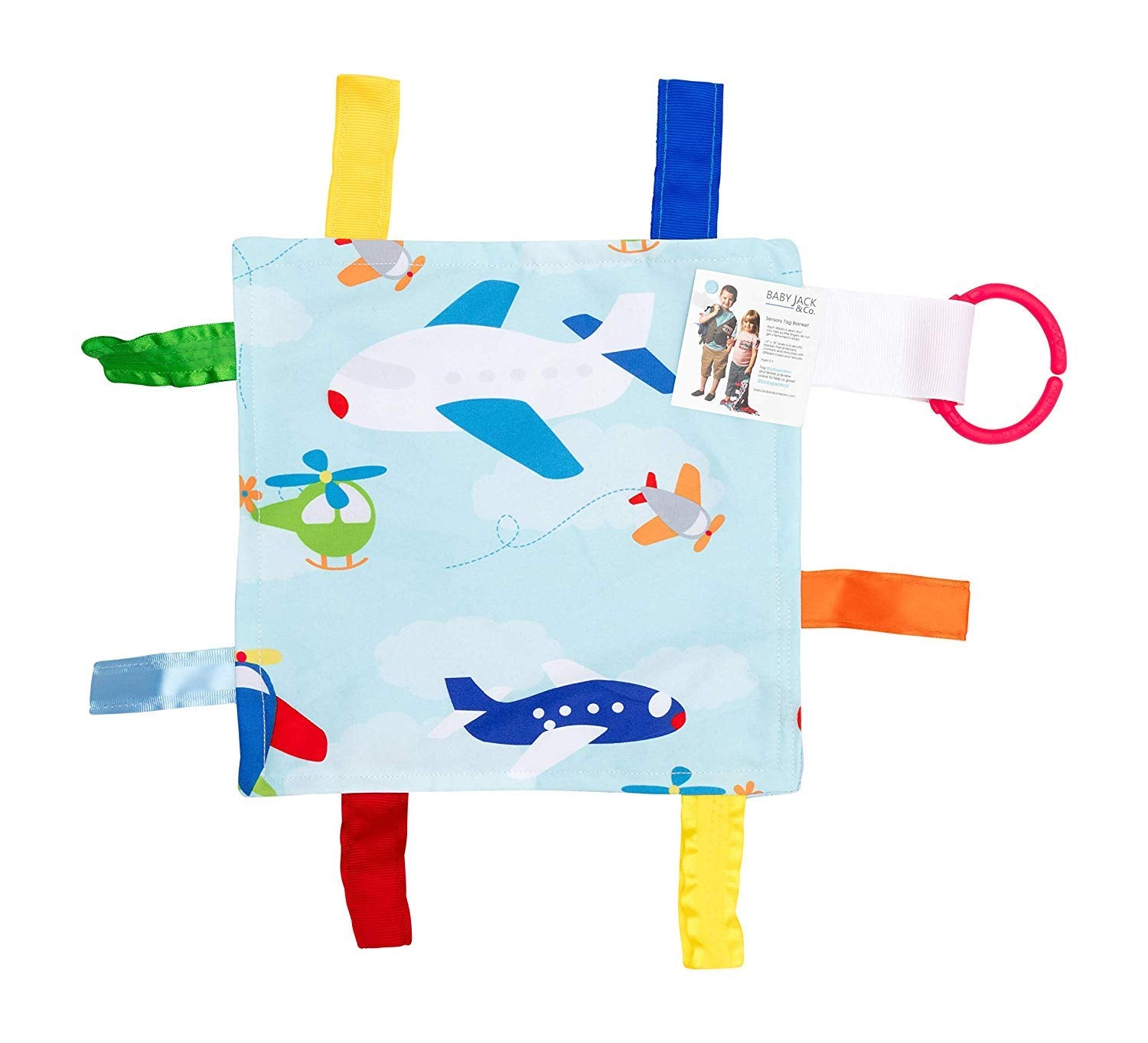 The Learning Lovey airplanes texture closeup highlights varied fabrics for tactile exploration.
