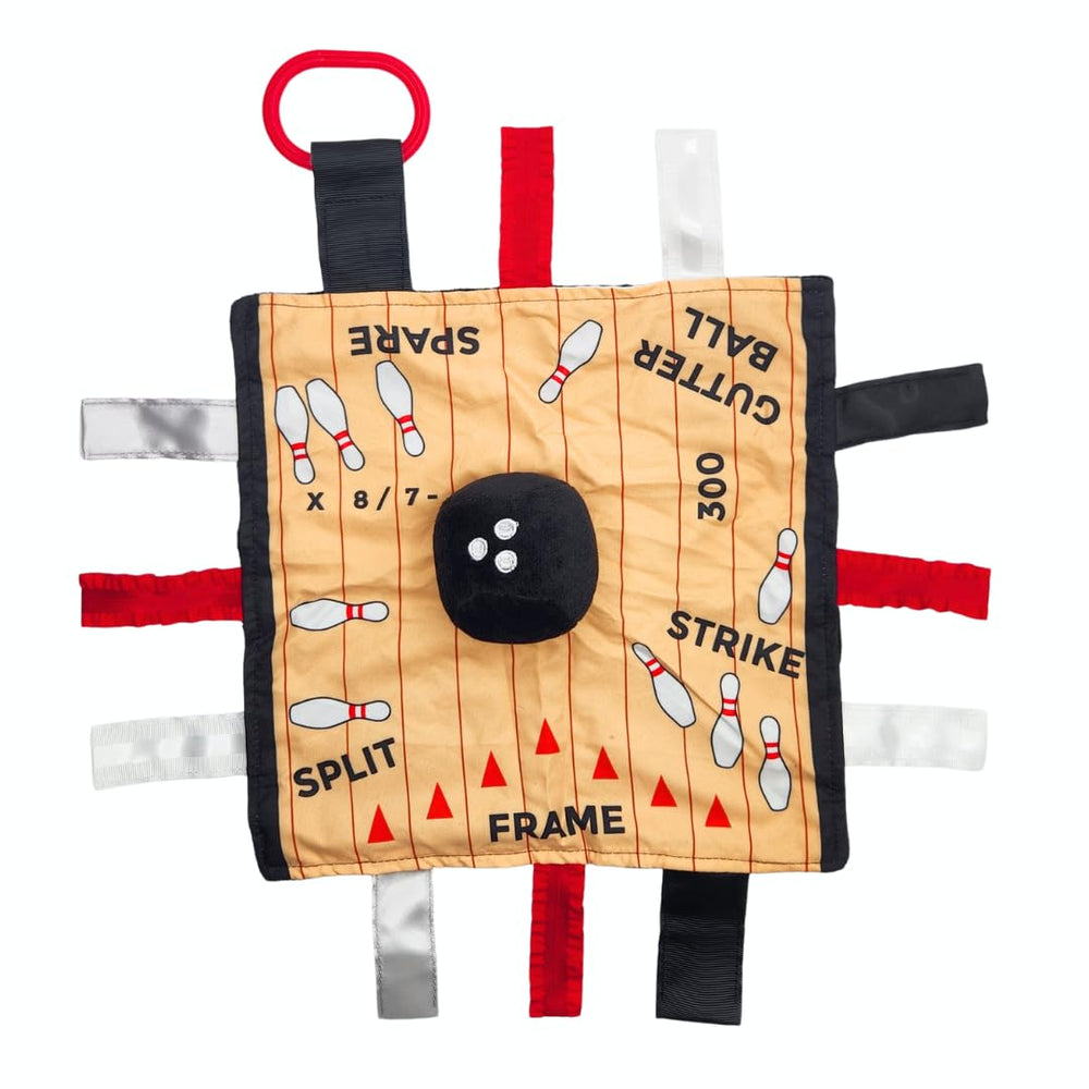 The Learning Lovey Baby Jack Co 10x10 Bowling Sports Lovey closeup highlights tactile texture for baby's exploration