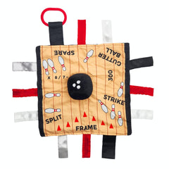 The Learning Lovey Baby Jack Co 10x10 Bowling Sports Lovey closeup highlights tactile texture for baby's exploration