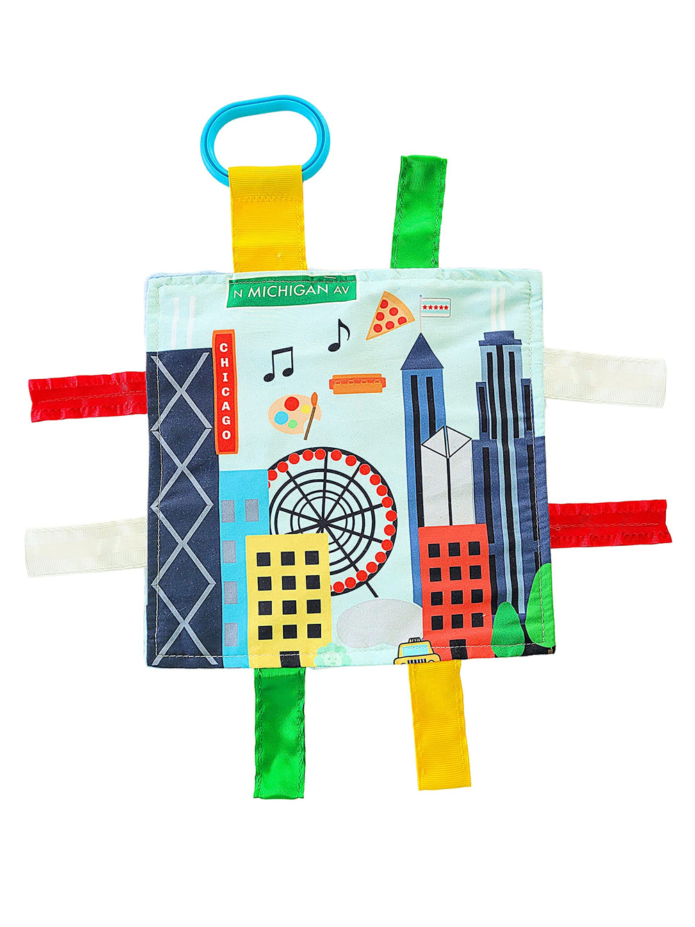 The Learning Lovey Baby Jack Co 8x8 crinkle Chicago toy supports tactile exploration and city learning.