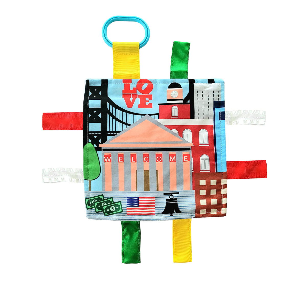 The Learning Lovey Baby Jack Co 8x8 Philly tag toy promotes early city learning.