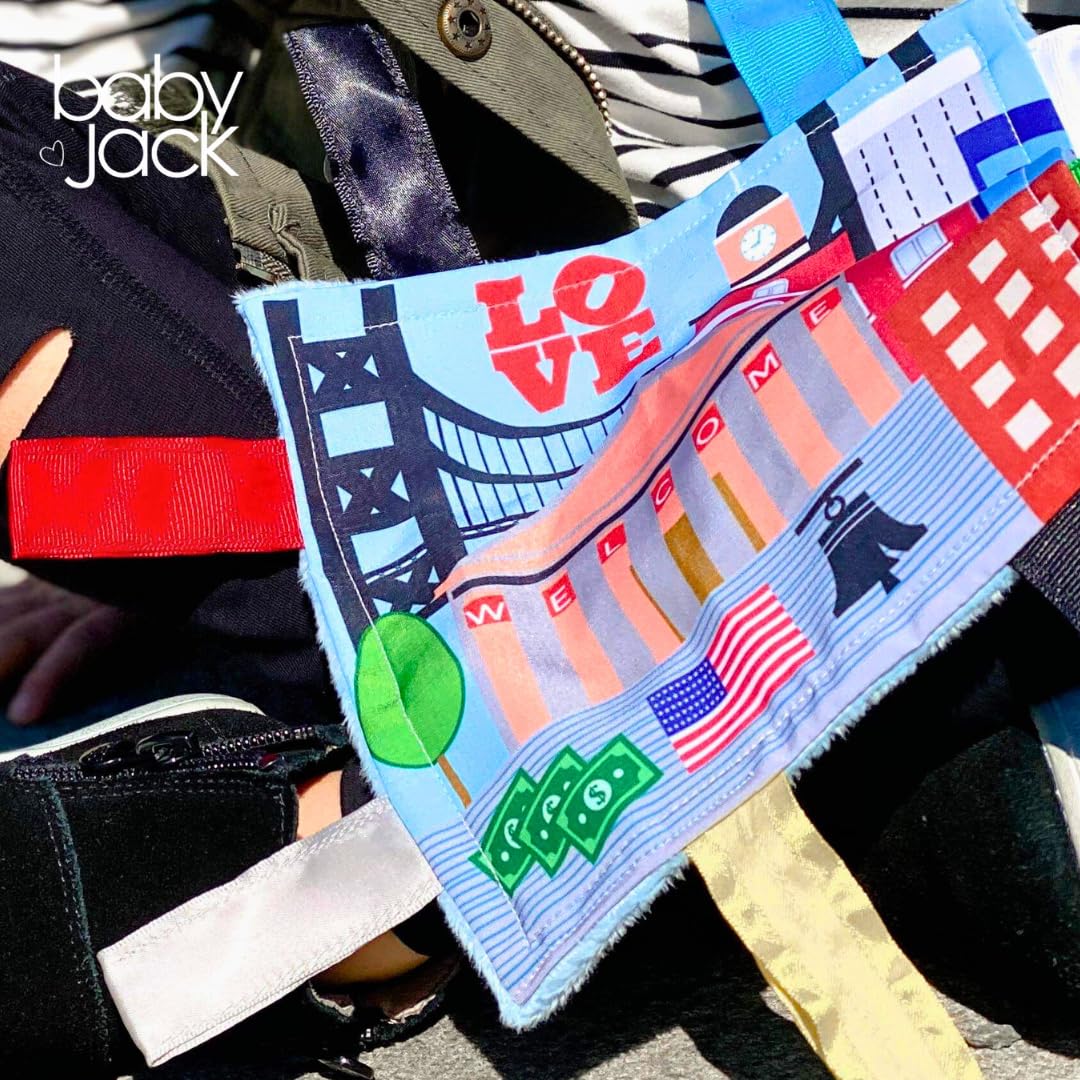 The Learning Lovey city-themed tag toy supports portable play on trips.