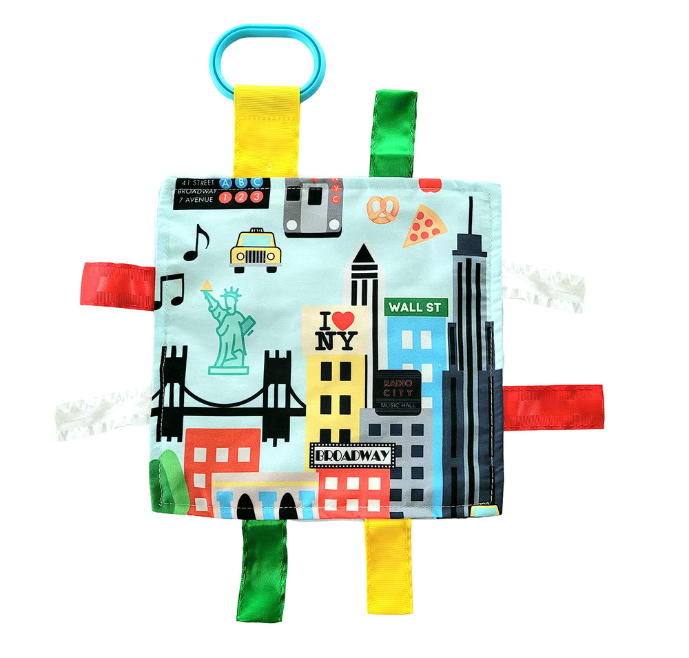 The Learning Lovey Baby Jack Co NYC tag toy closeup highlights soft fabric and secure stitching for safety.