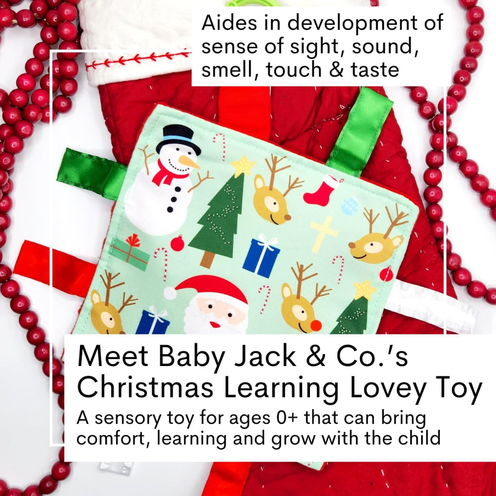 The Learning Lovey Baby Jack Co safety tabs ribbon keeps tiny fingers safer during play