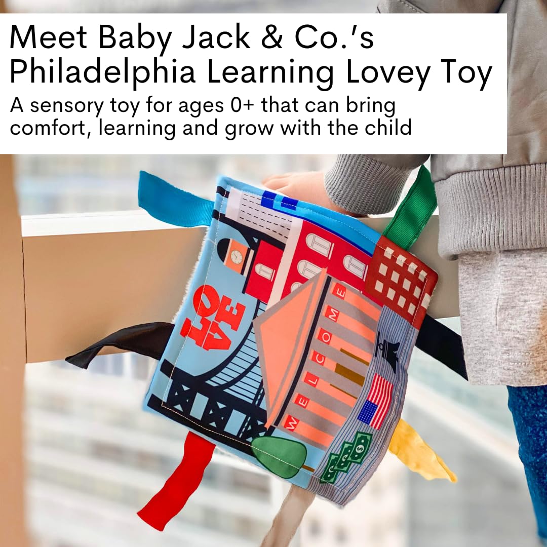 The Learning Lovey USA cities and shapes tag toy encourages sensory discovery.