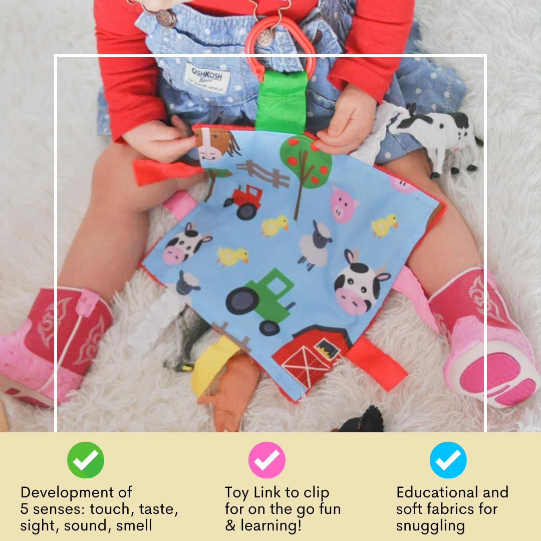 The Learning Lovey BPA-free-clip demonstrates safe-on-the-go attachment