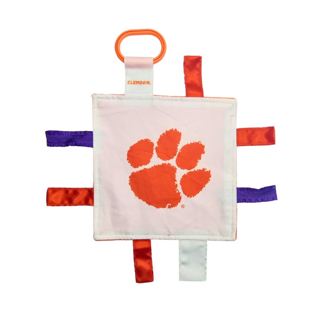 The Learning Lovey Clemson baby tag toy with stroller clip for on-the-go sensory play.