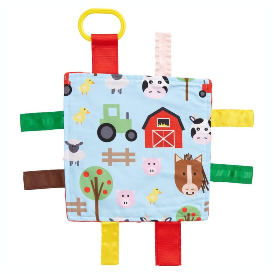 The Learning Lovey farm-animal-crinkle-tag close-up highlighting tactile exploration and visual appeal