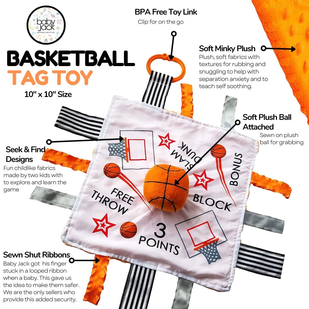 The Learning Lovey Knicks baby tag toy with stroller clip demonstrates easy on-the-go attachment