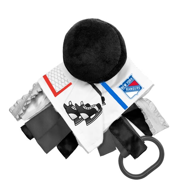 The Learning Lovey NHL Hockey sensory crinkle toy with stroller clip for on-the-go play.
