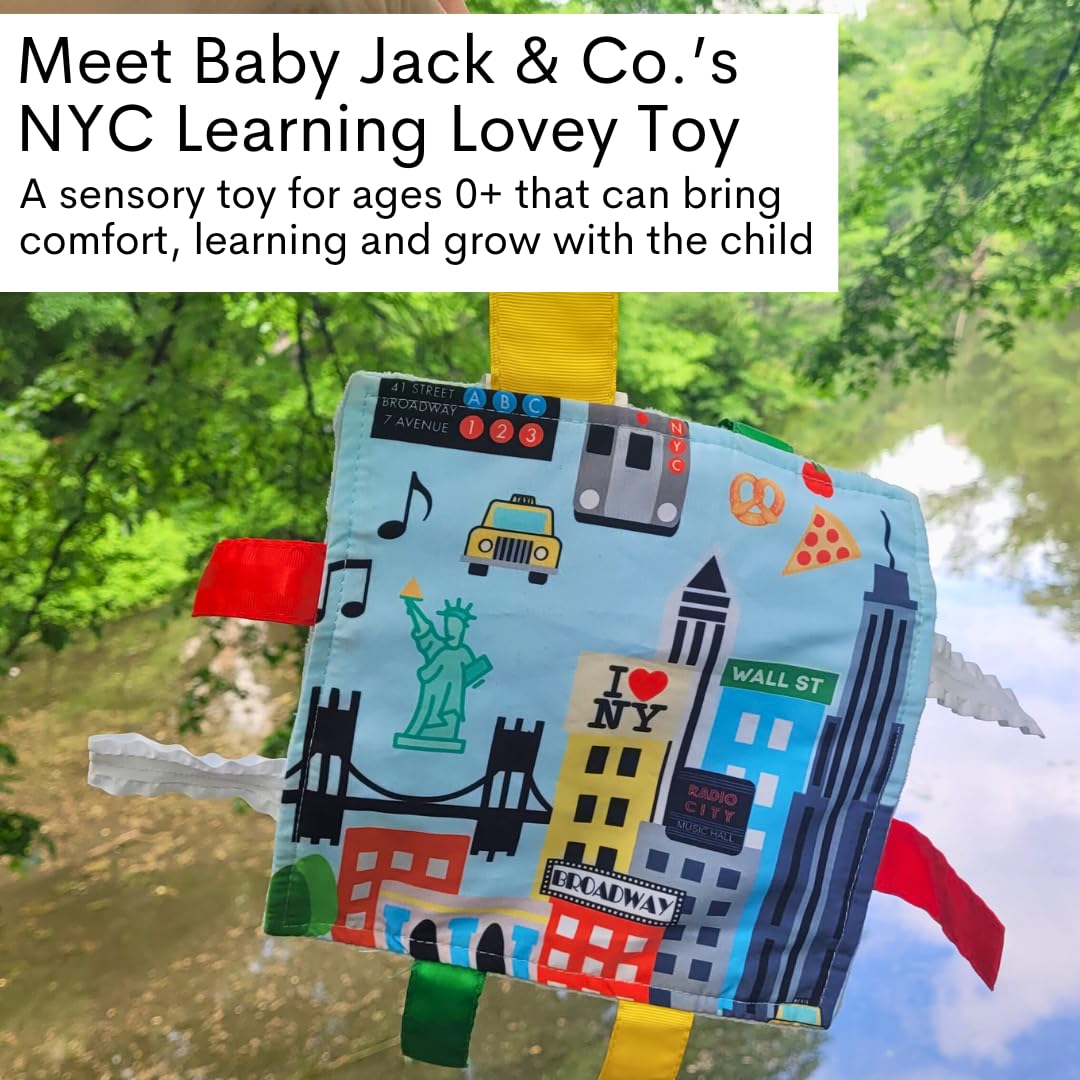 The Learning Lovey NYC tag toy displays an NYC city map for early geography exploration.