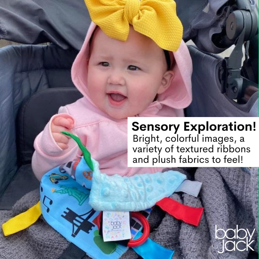 The Learning Lovey ribbon-stitched tabs ensure safety by preventing loose strings.