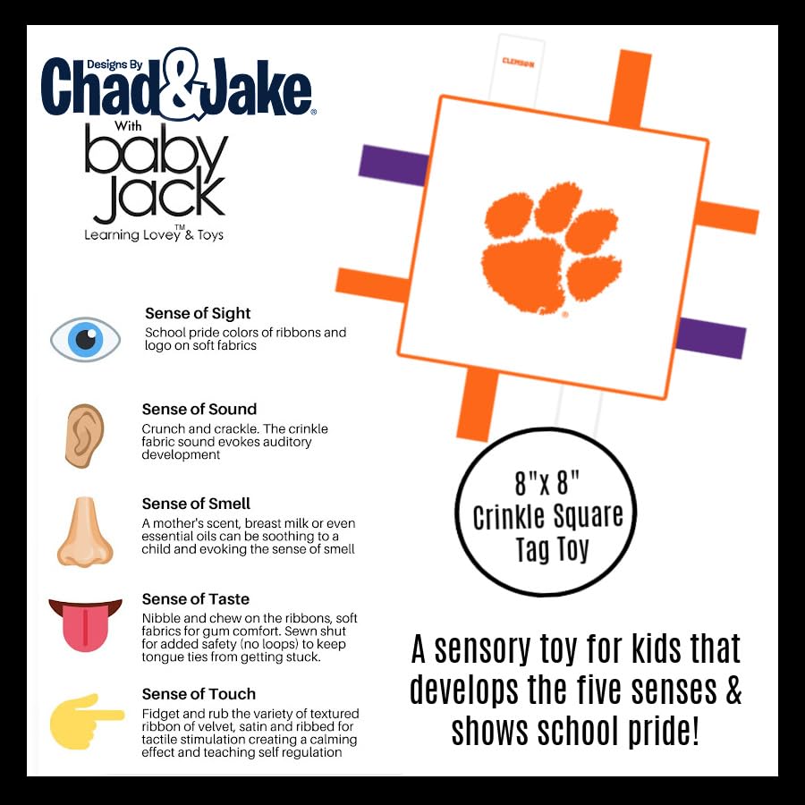 The Learning Lovey tag toy close-up shows crinkle fabric for multisensory exploration.