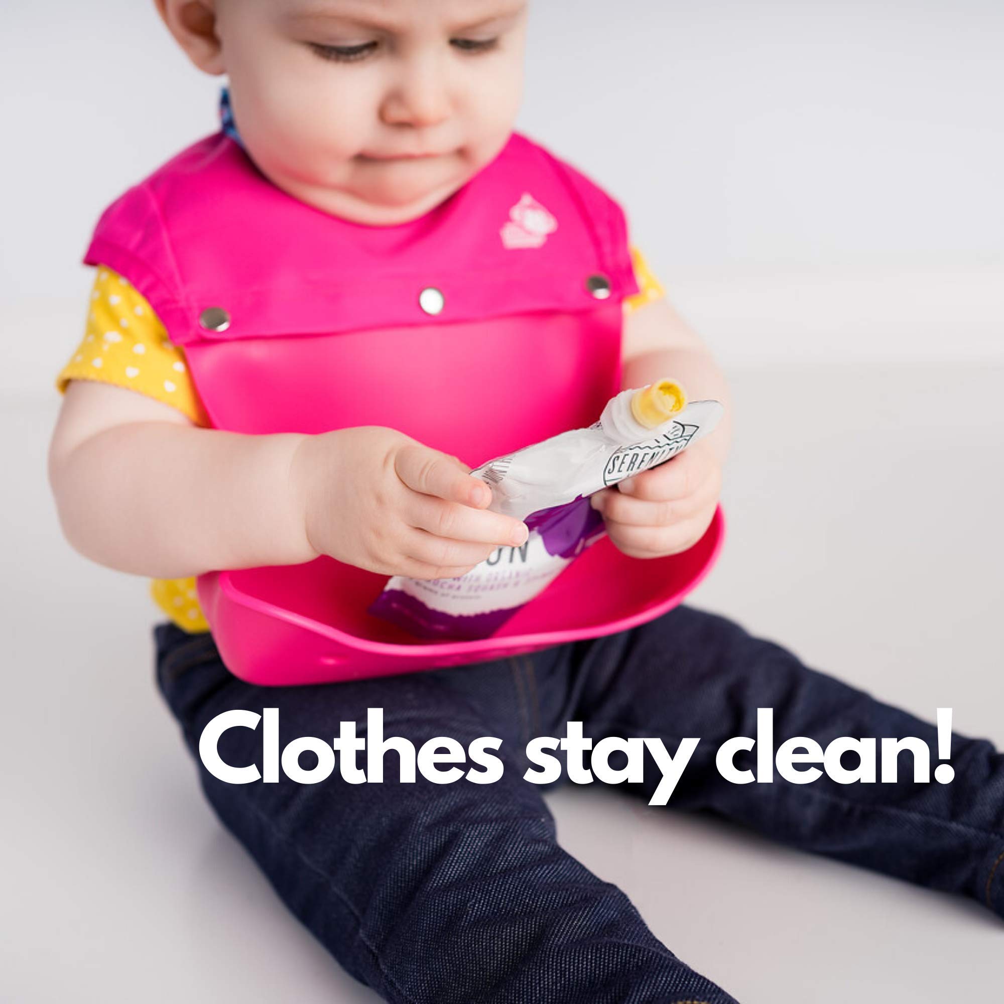 Freddie Bib shoulder coverage helps keep sleeves clean during meals.