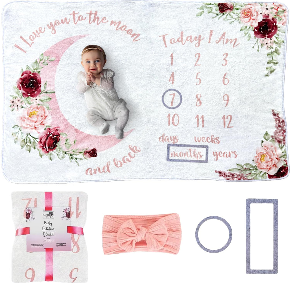 The Modern Child baby milestone blanket floral moon closeup for cozy photography backgrounds.