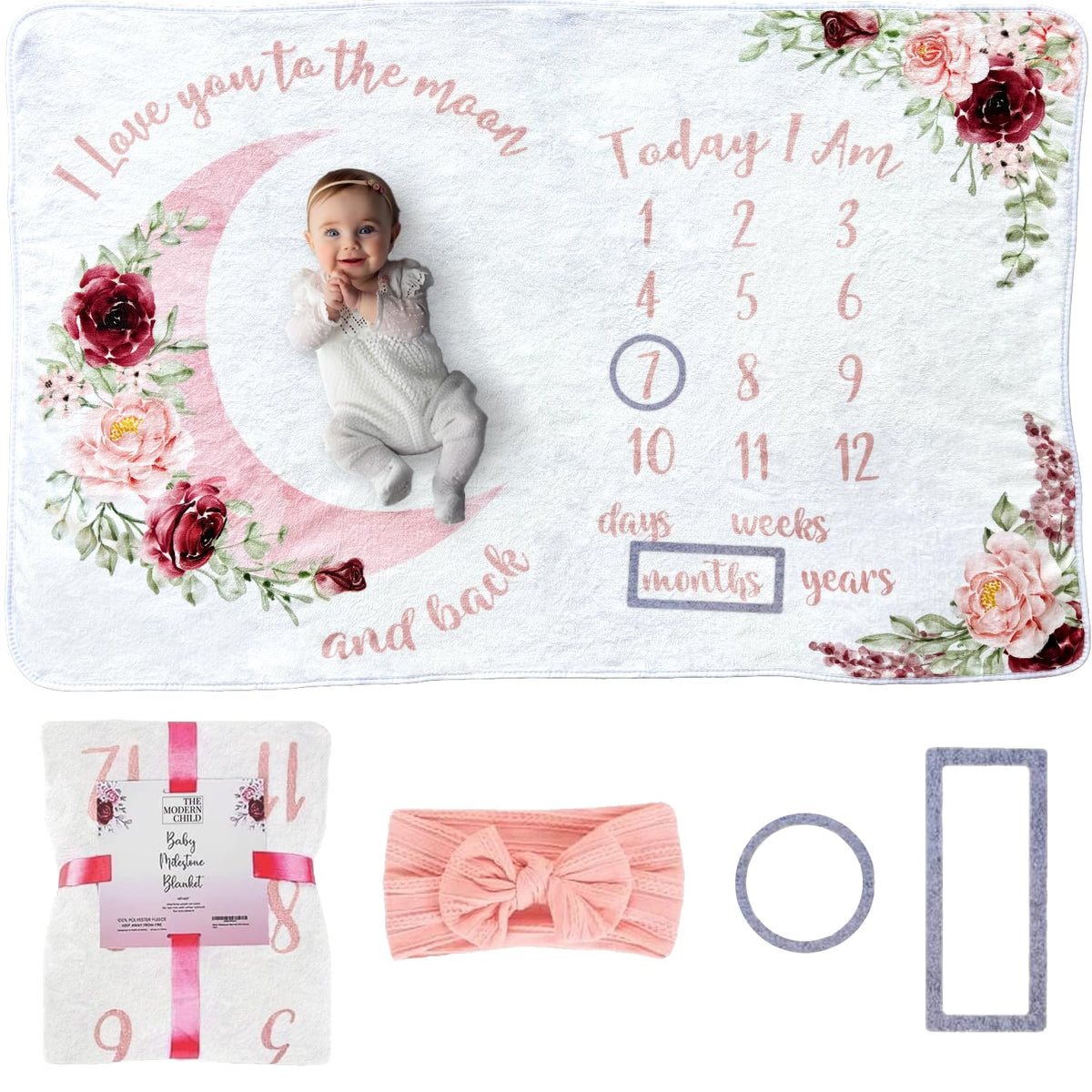 The Modern Child baby milestone blanket floral moon closeup for cozy photography backgrounds.