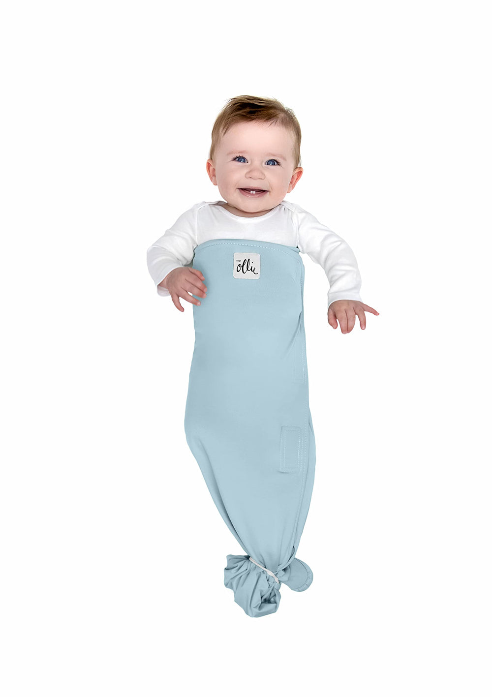 The Ollie Swaddle open-bottom design allows quick diaper changes.