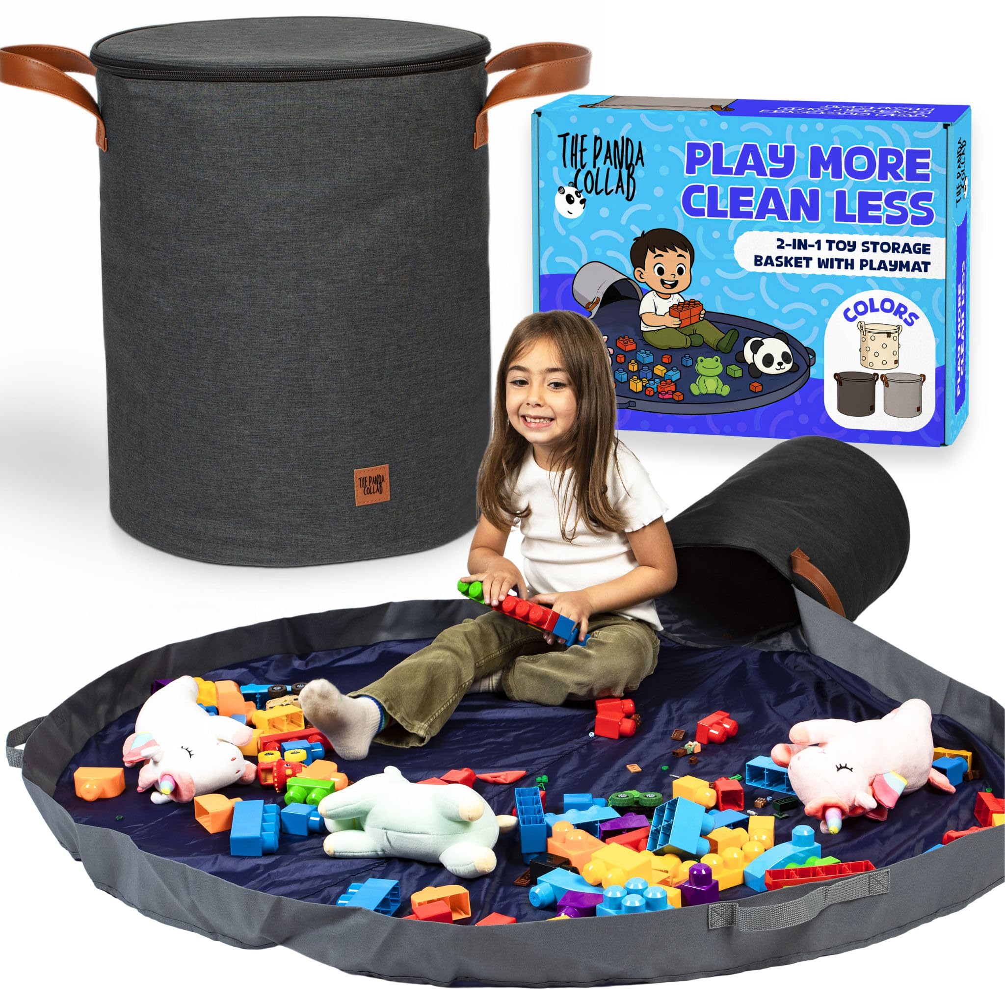 The Panda Collab toy storage basket charcoal front view for tidy playrooms