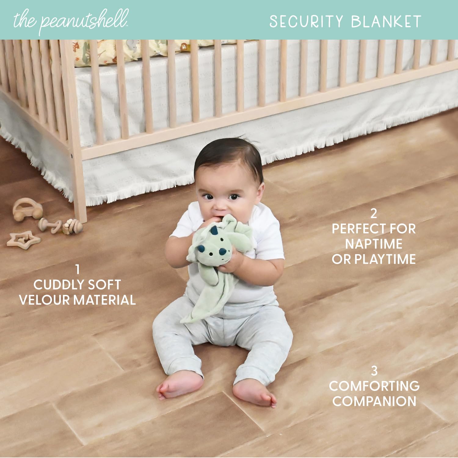 The Peanutshell baby gym helps stimulate reach and toy interaction during tummy time.