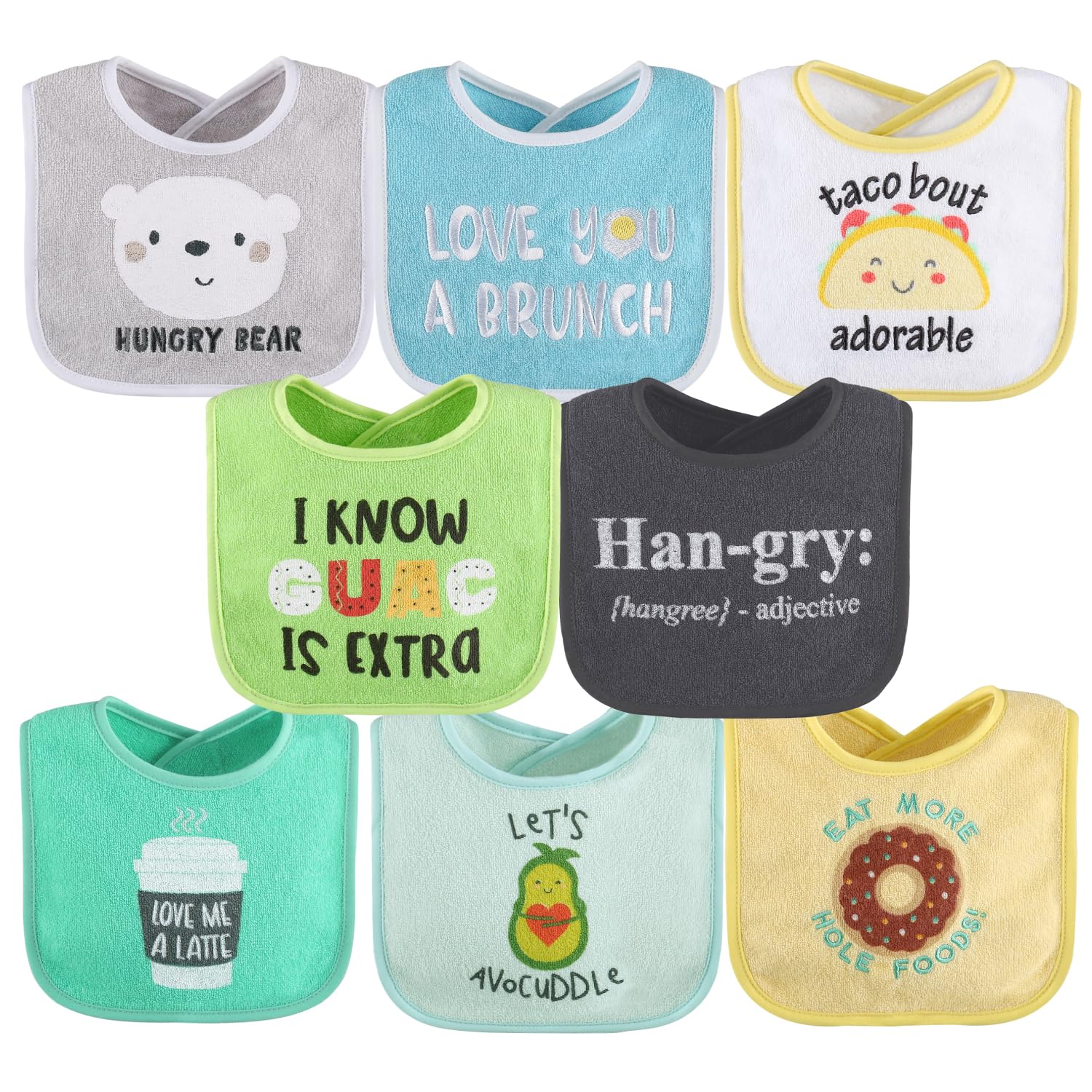 The Peanutshell bibs set 8 close up designs highlight playful prints and gentle terry fabric.