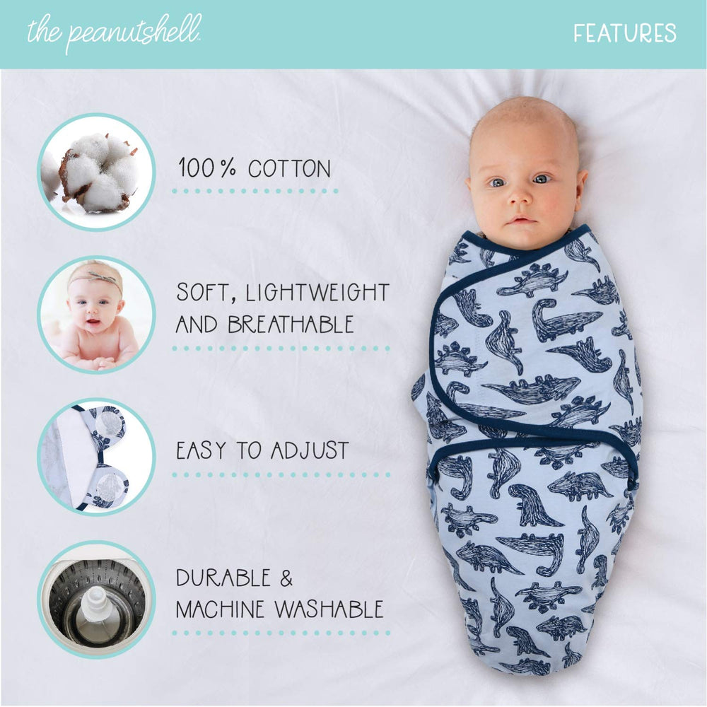 The Peanutshell blue dinosaur swaddle set wings with hook-and-loop closure provide secure fit.