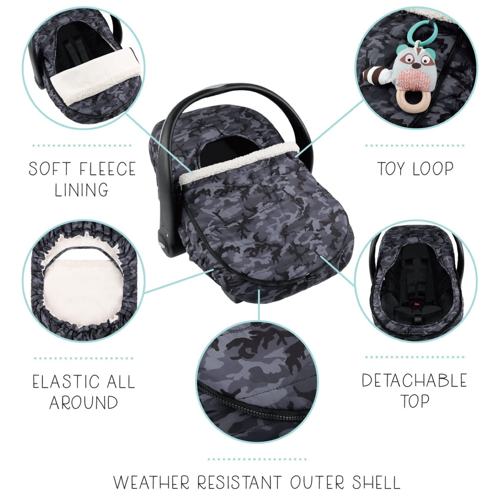 The Peanutshell car seat cover demonstrates easy installation with snug elastic edges