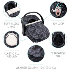 The Peanutshell car seat cover demonstrates easy installation with snug elastic edges